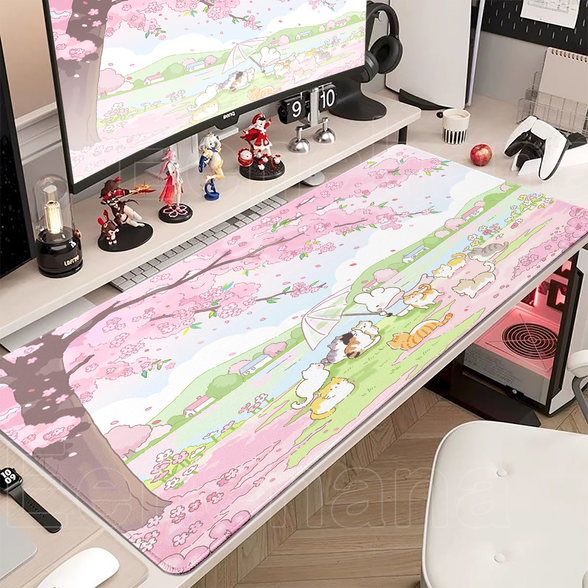 Desk Setup Pink - Spring Cute Rabbit Mouse Pad Large