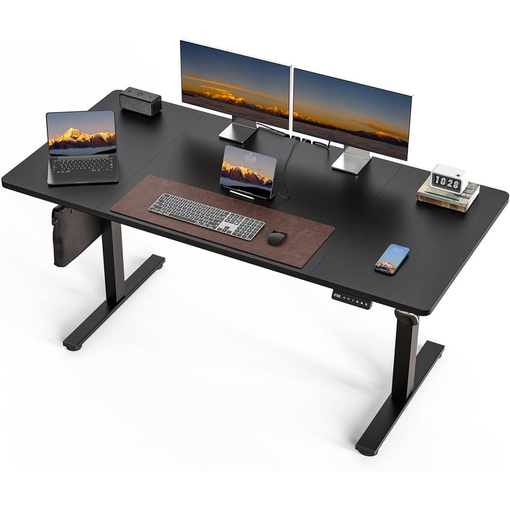 Desk Setup Triple Monitor - Large 63x30 Electric Adjustable Height Desk,