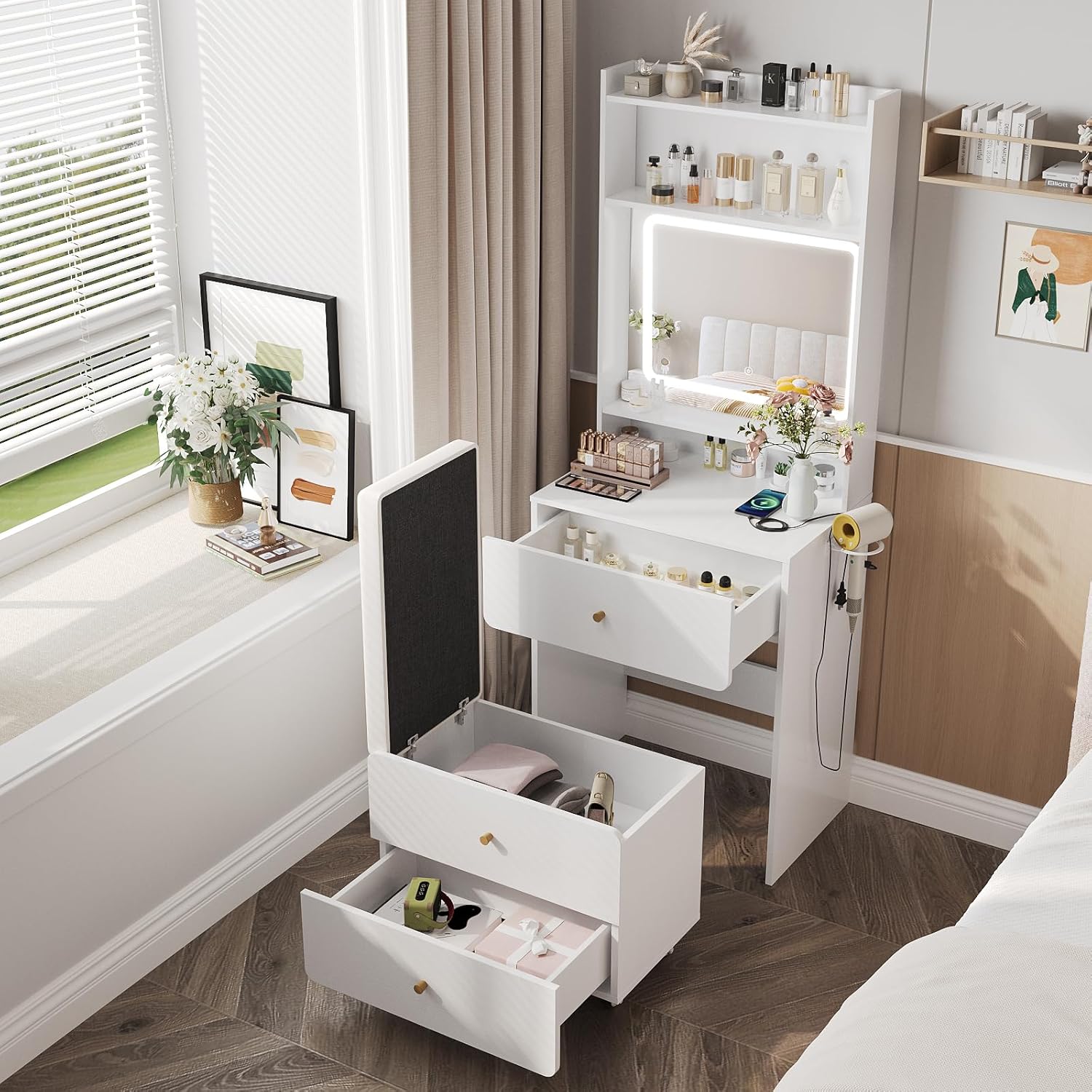 Desk Setup White - Make Up Vanity Desk with Mirror