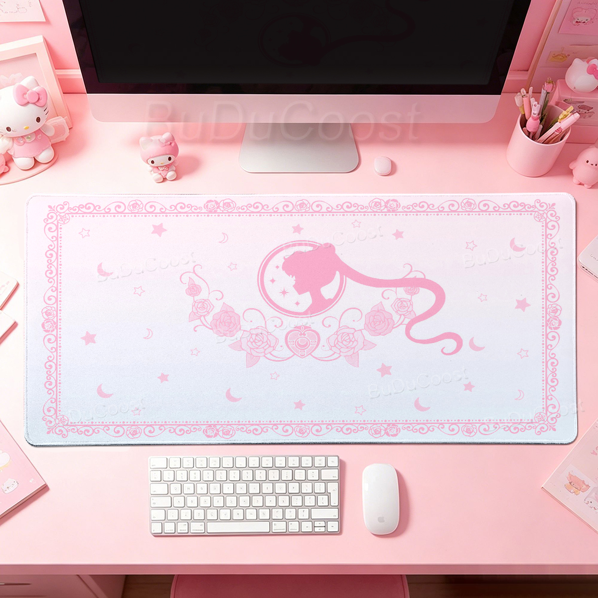 Desk Setup Pink - Kawaii Anime Girls Pink Mouse Pad