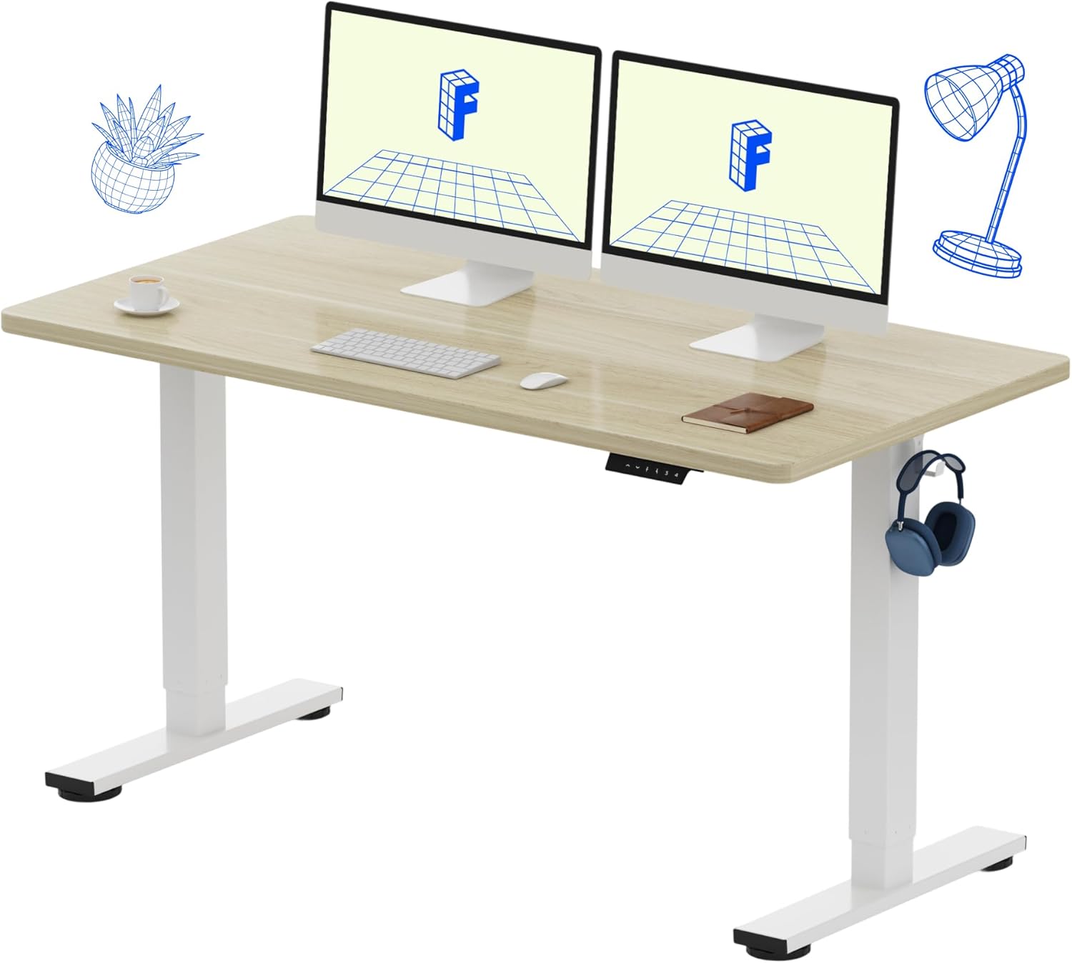 Desk Setup White - Electric Height Adjustable Standing Desk, 55x28