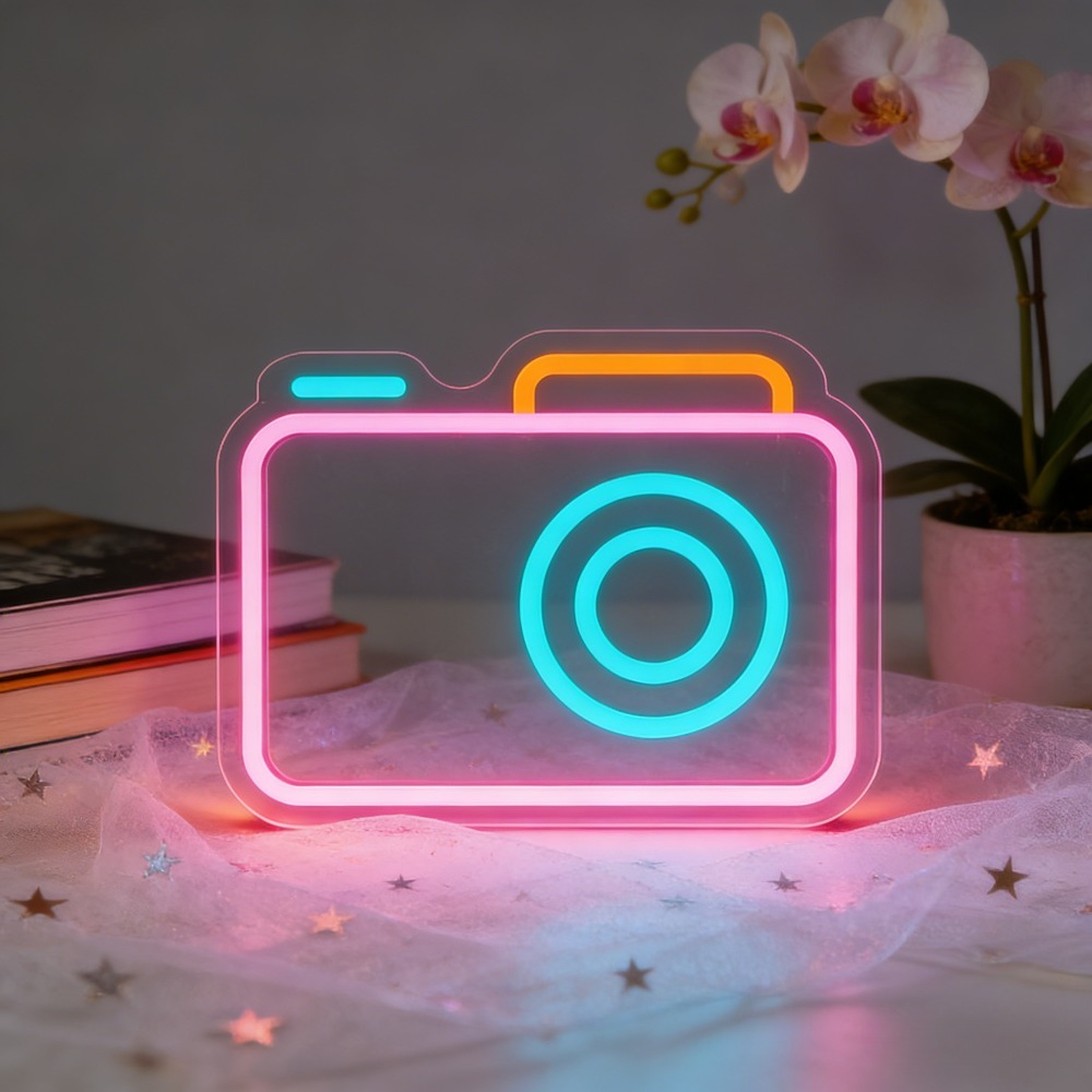 Camera Neon Sign LED Wall Art  - Desk Setup Photography avaliação e preço