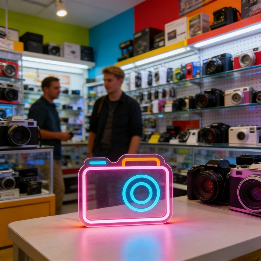 Camera Neon Sign LED Wall Art  - Desk Setup Photography avaliação e preço