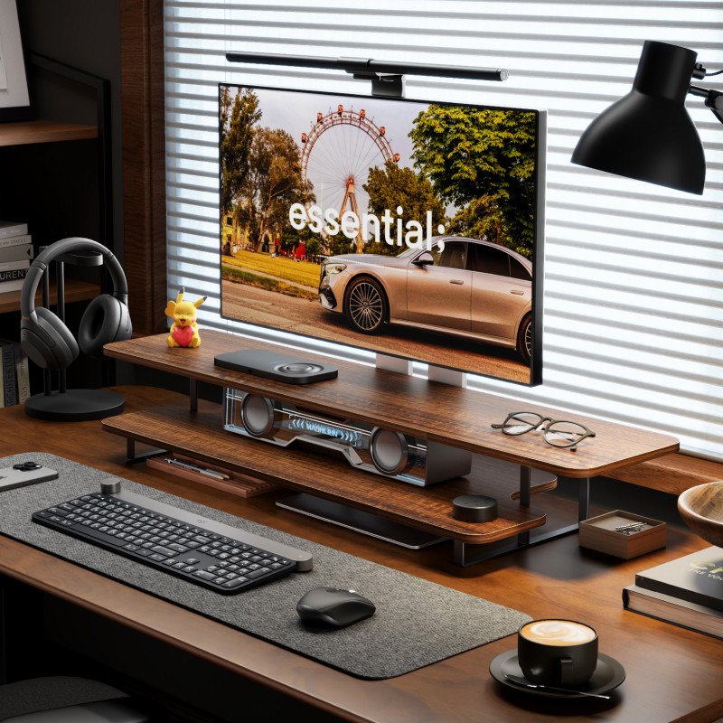 Walnut Finish Monitor Stand Ri - Desk Setup Monitor And Laptop avaliação e preço