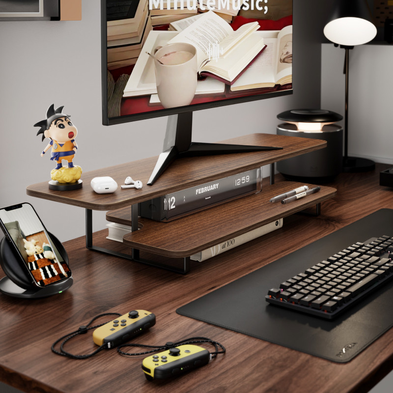 Walnut Finish Monitor Stand Ri - Desk Setup Monitor And Laptop avaliação e preço