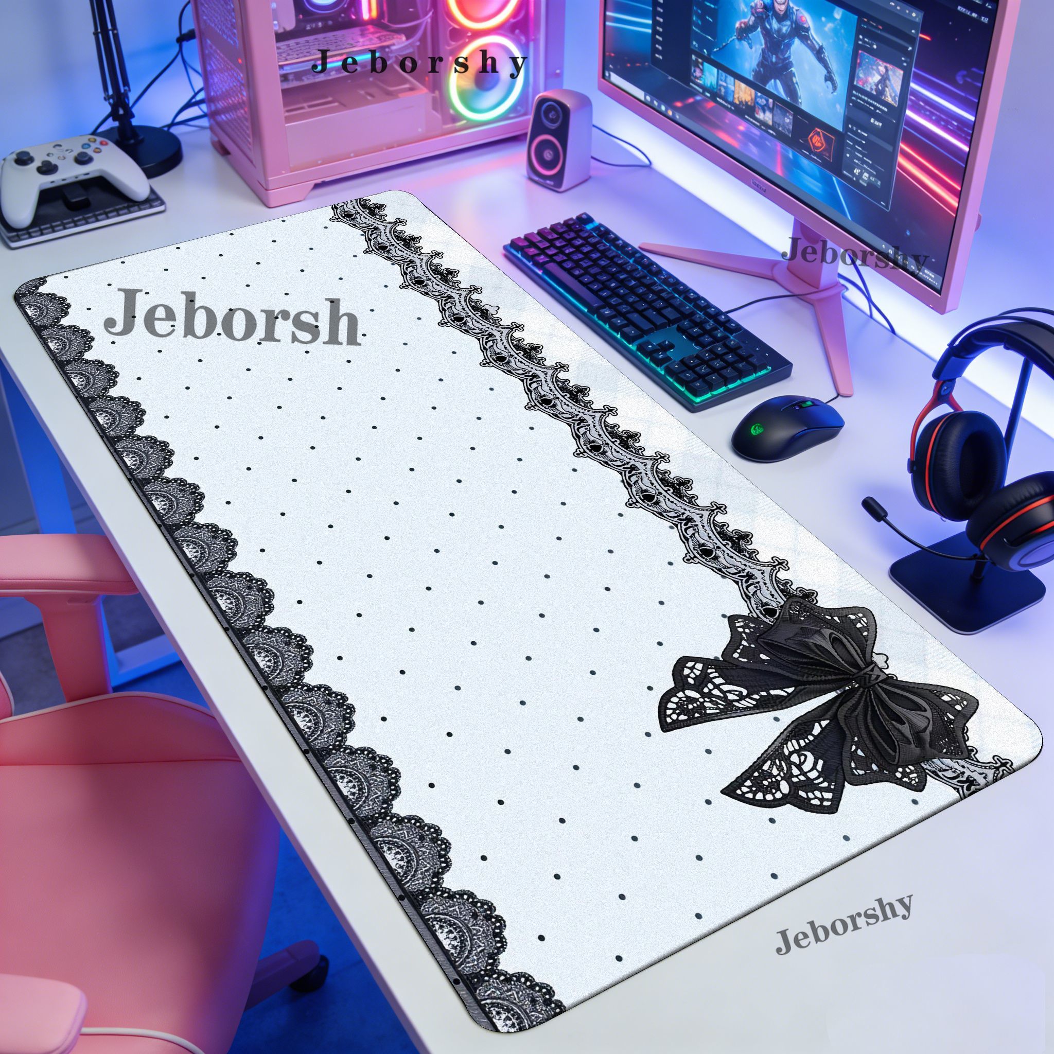 Pink Black Polka Dot Lace Larg - Desk Setup Pink avaliação e preço