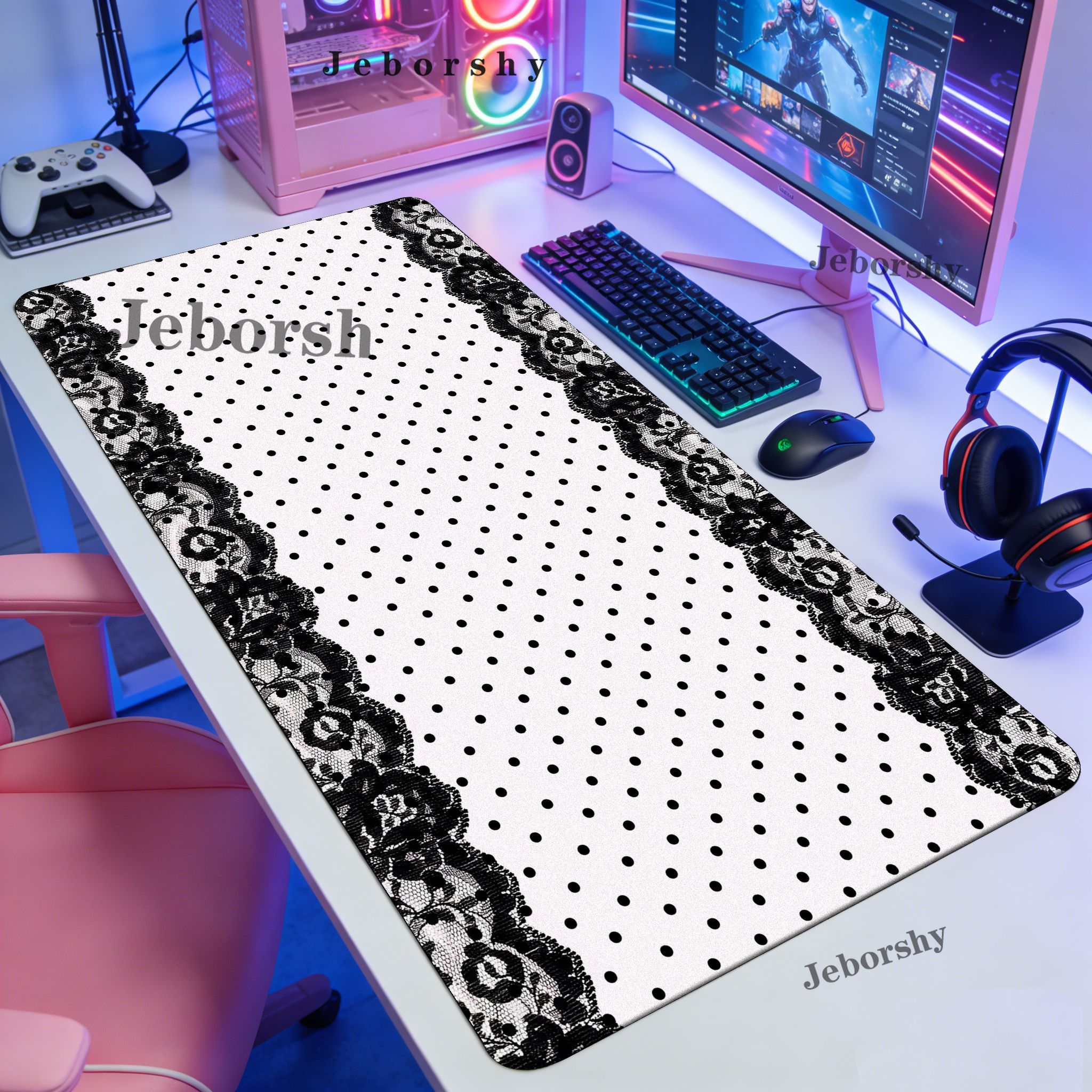 Pink Black Polka Dot Lace Larg - Desk Setup Pink avaliação e preço
