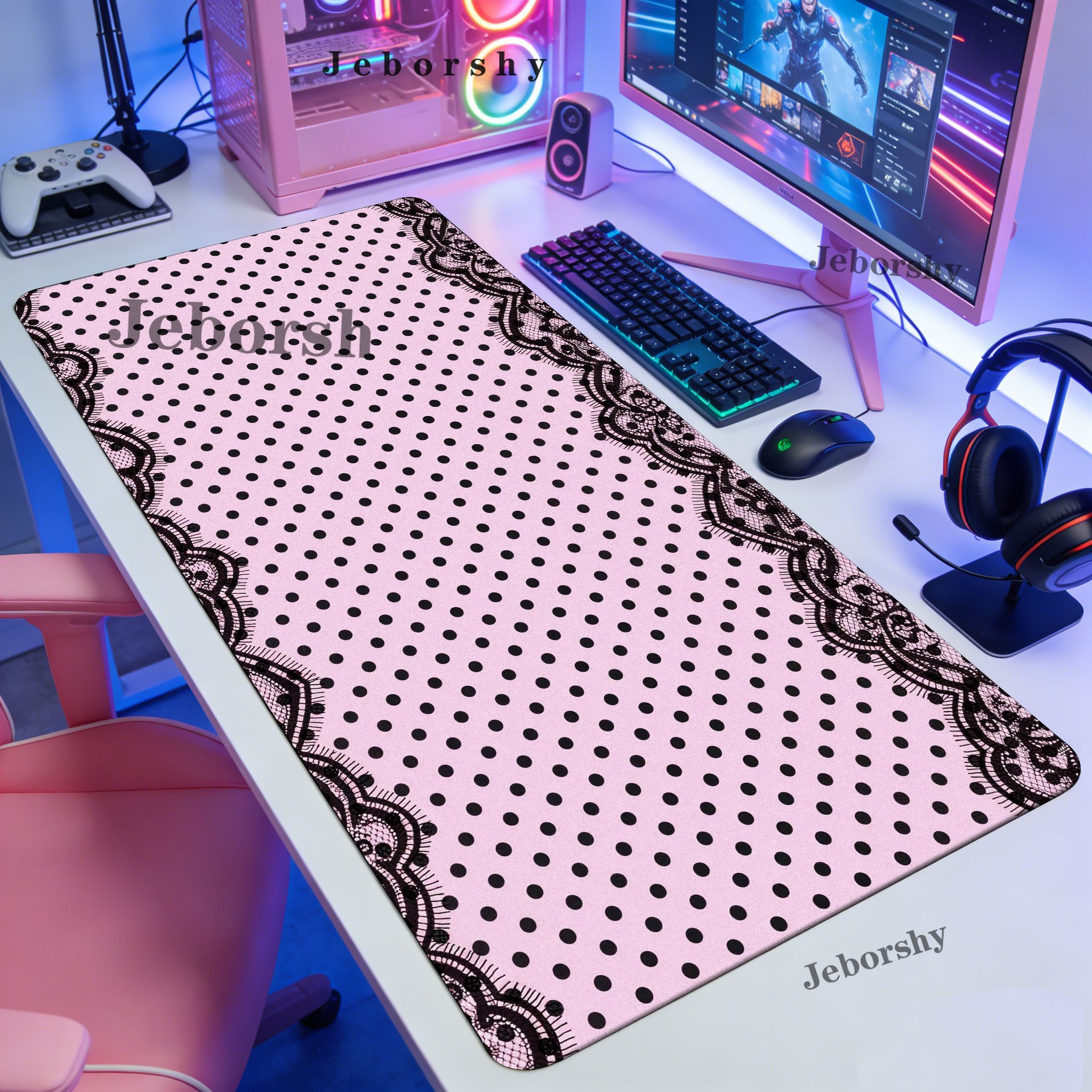 Pink Black Polka Dot Lace Larg - Desk Setup Pink avaliação e preço