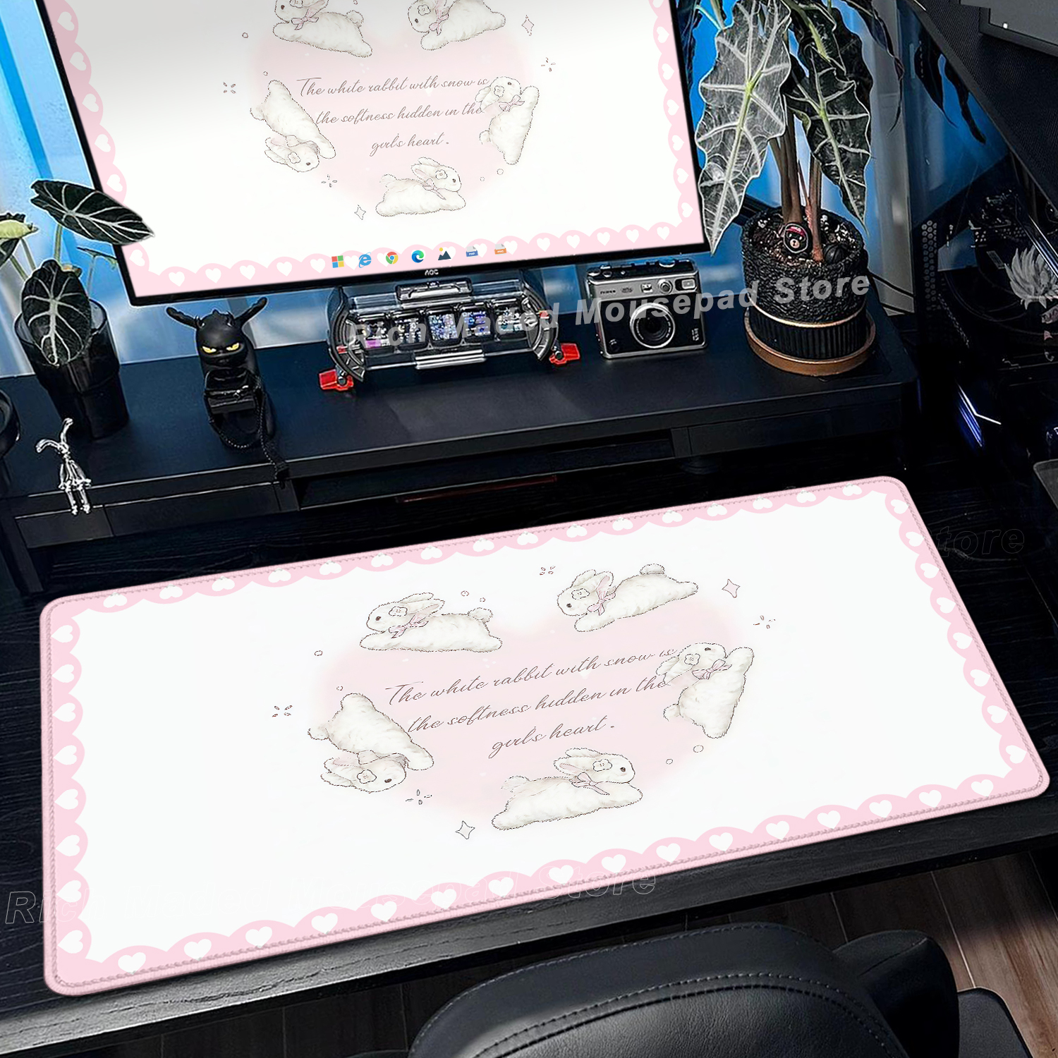 Pink Rabbit Mouse Pad XXL Cute - Desk Setup Pink avaliação e preço